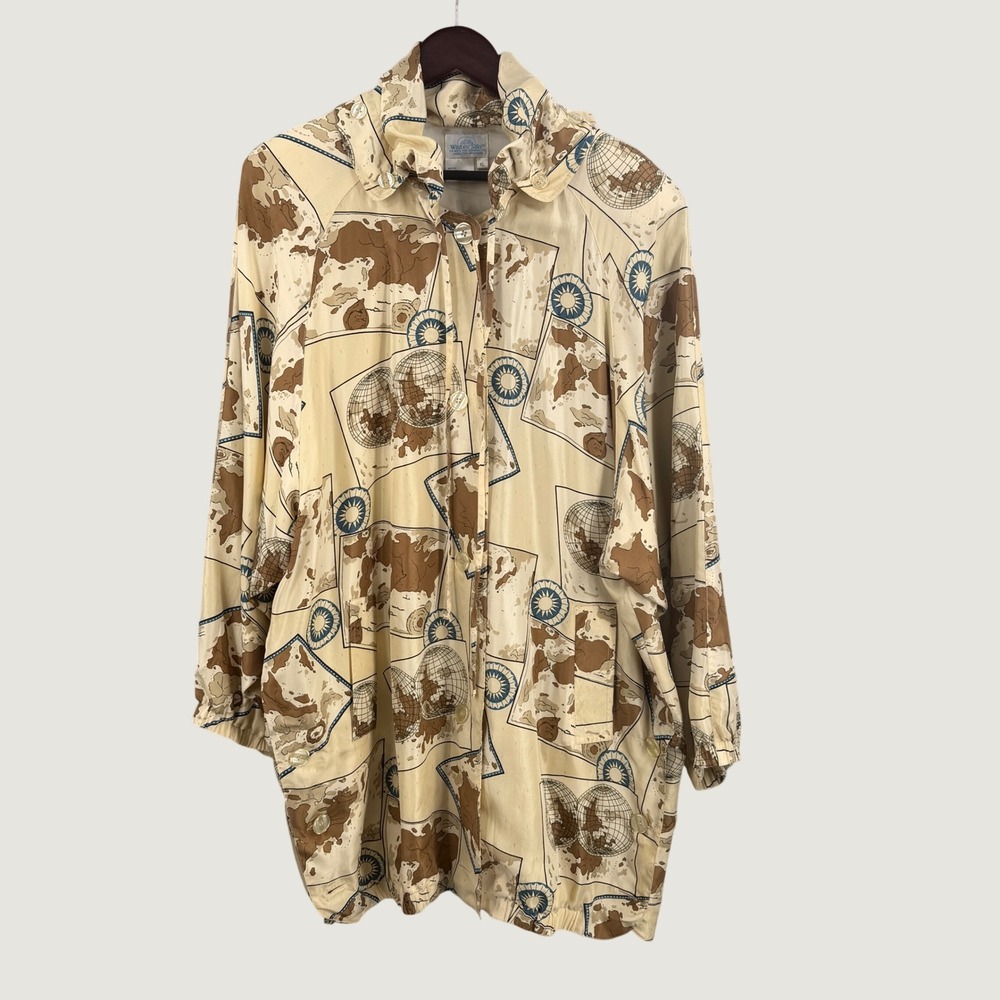 WinterSilks Womens XL 100% Silk Hooded Jacket World Map Print Lightweight Coat